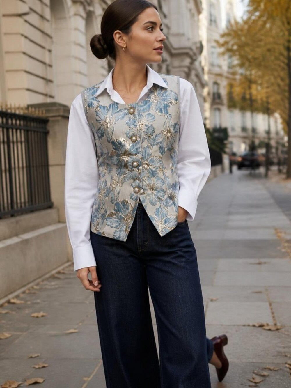 Shein Blue Floral Jacquard Brocade Vest Pearl Buttons Tie Back Size M